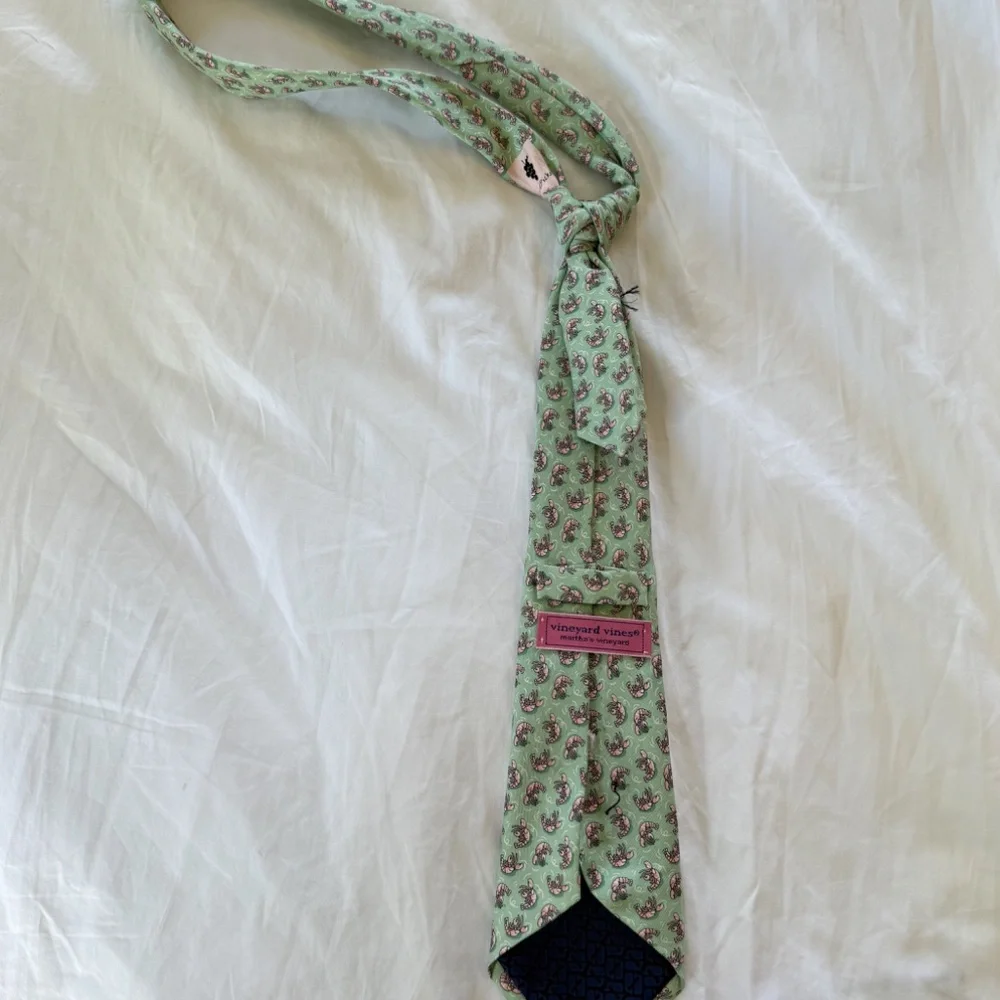 Boys Vineyard Vines Silk Tie - Green with Pink Shrimp
